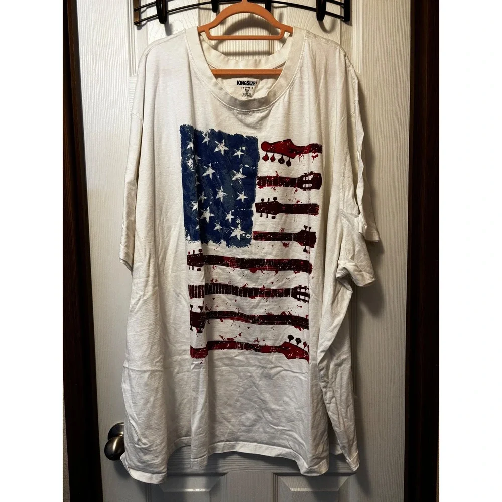 KingSize Mens 8XL White Guitar American Flag Graphic T-Shirt Big and Tall Cotton